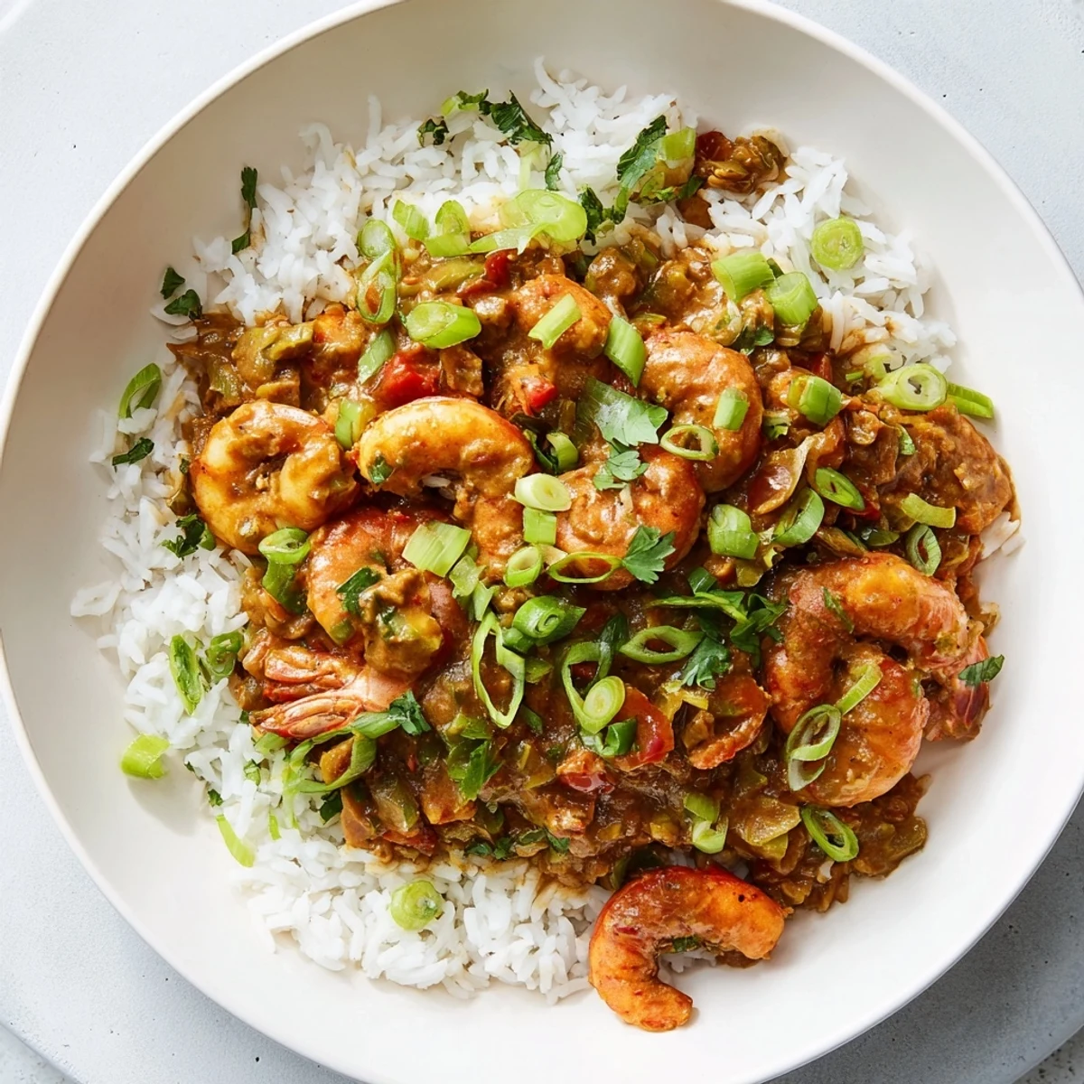 A close-up of Crawfish Étouffée with Fluffy White Rice, showcasing the rich, orange-red roux sauce with tender crawfish tails piled over steamed grains.  