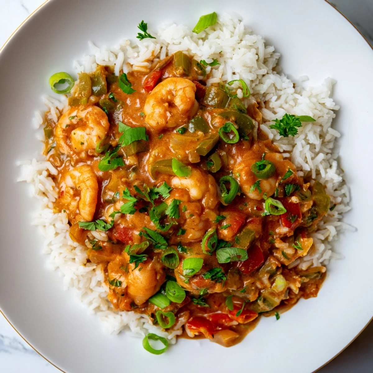 Savory Louisiana Creole Crawfish Étouffée served over a bed of Fluffy White Rice, garnished with fresh green onions and parsley.  