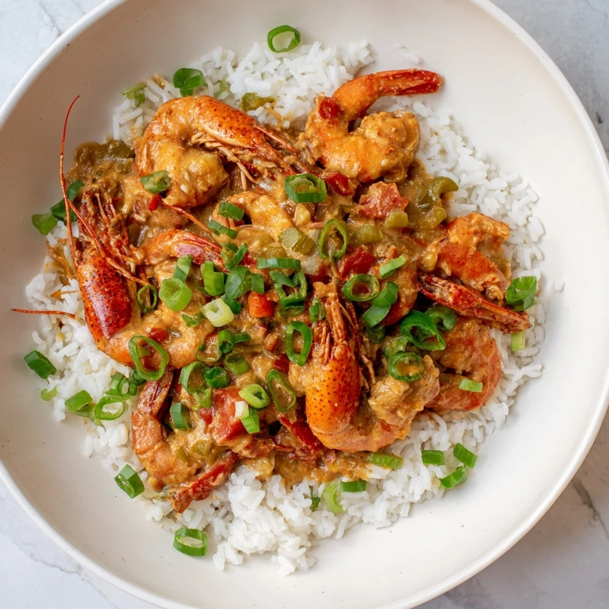 A rustic skillet presentation of Crawfish Étouffée with Fluffy White Rice, featuring the steaming, creamy crawfish stew paired with bright garnishes.