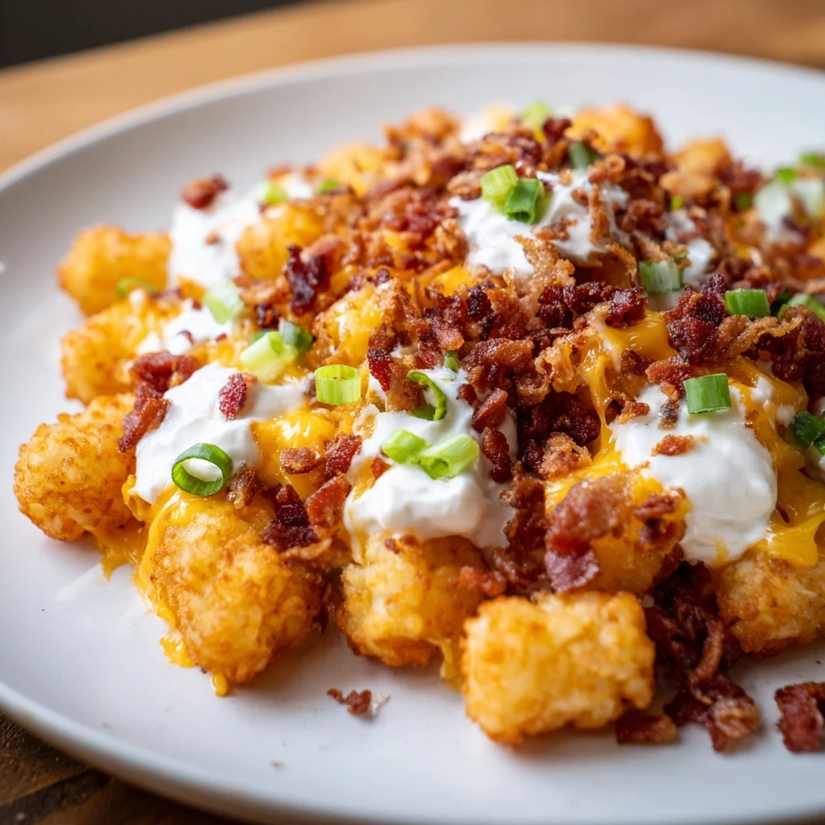 Crispy golden tater tots loaded with melted cheddar, Monterey Jack, and savory beef bacon bits, garnished with fresh green onions.