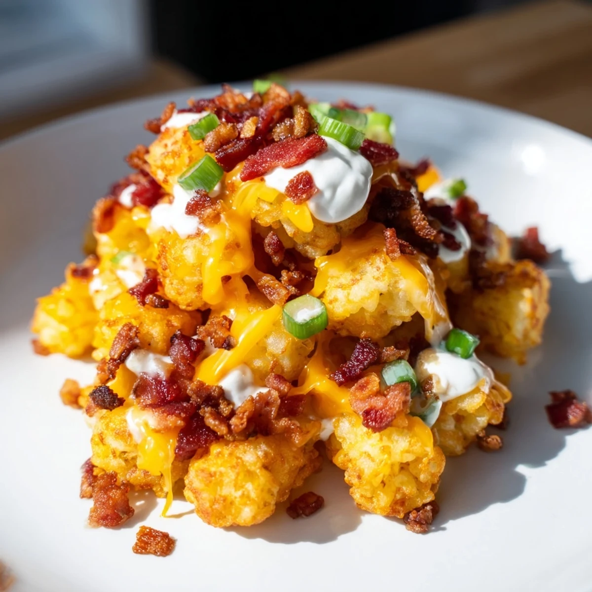 An appetizer platter of Loaded Tater Tots with Cheese and Beef Bacon Bits, smothered in bubbly cheese and served with diced tomatoes.