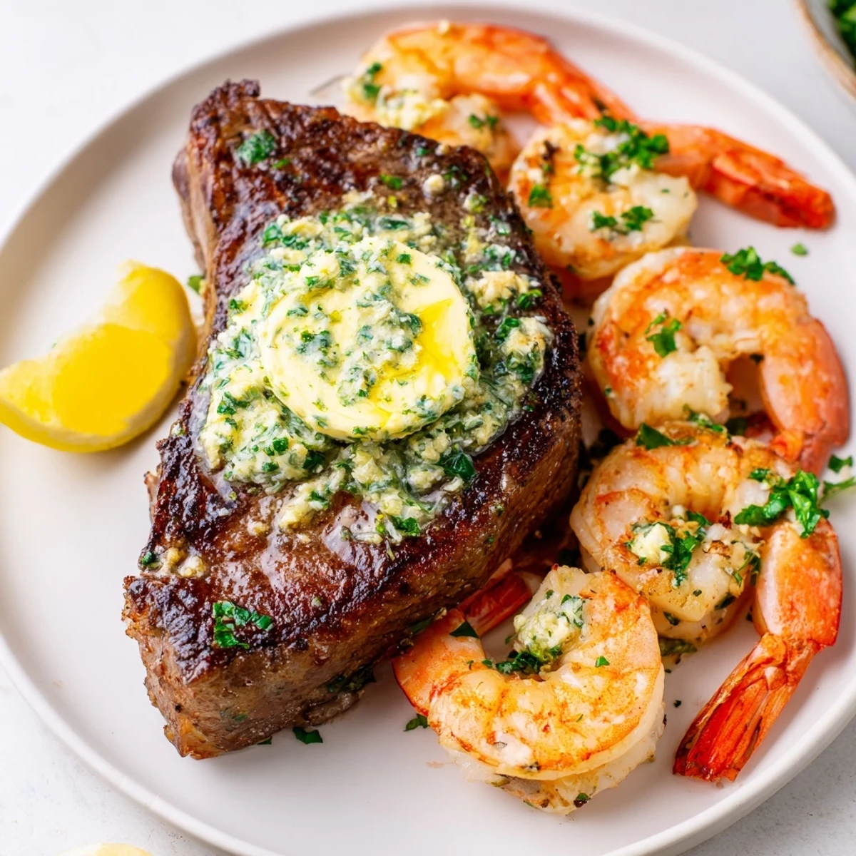 A juicy ribeye steak and plump, pink shrimp are artfully plated, crowned with melting garlic herb butter and bright lemon wedges for a classic surf and turf dinner.