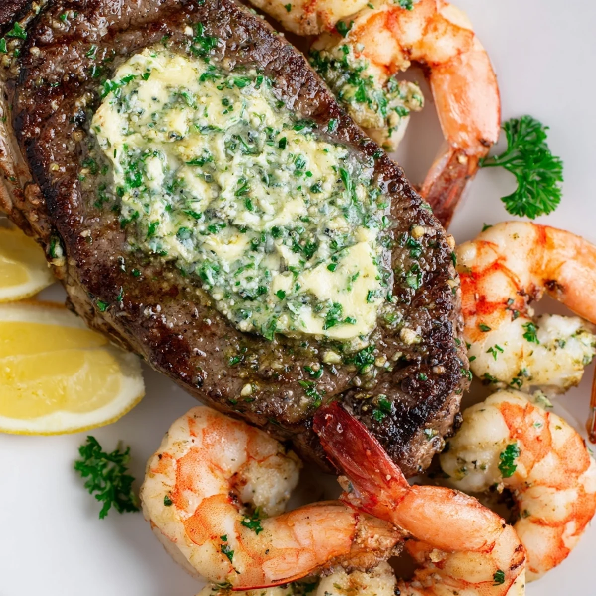 Two perfectly seared ribeye steaks sit alongside glistening, buttery shrimp, garnished with fresh parsley and lemon wedges, ready to be served with your favorite sides.