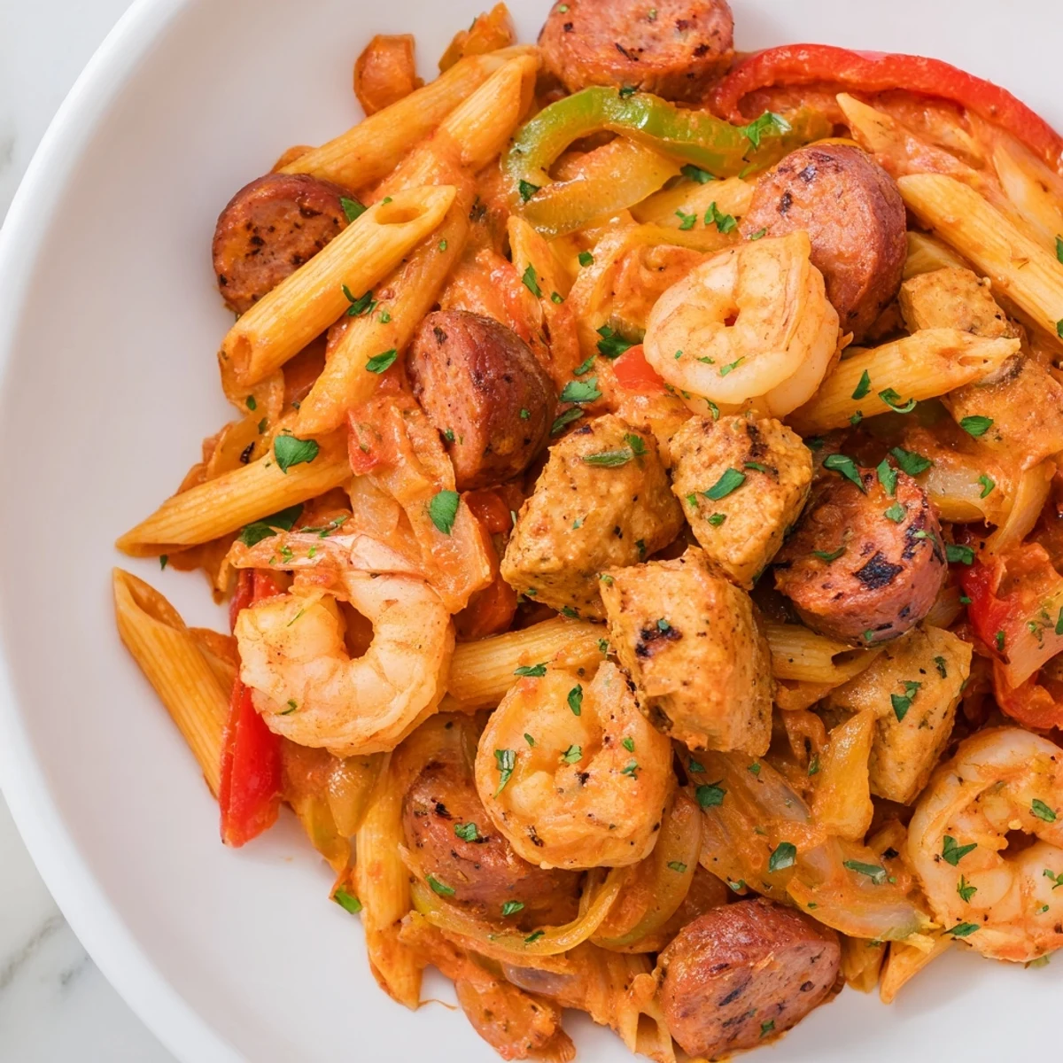 Creamy Spicy Jambalaya Pasta with chicken, shrimp, and andouille sausage in a rich tomato sauce, served hot.