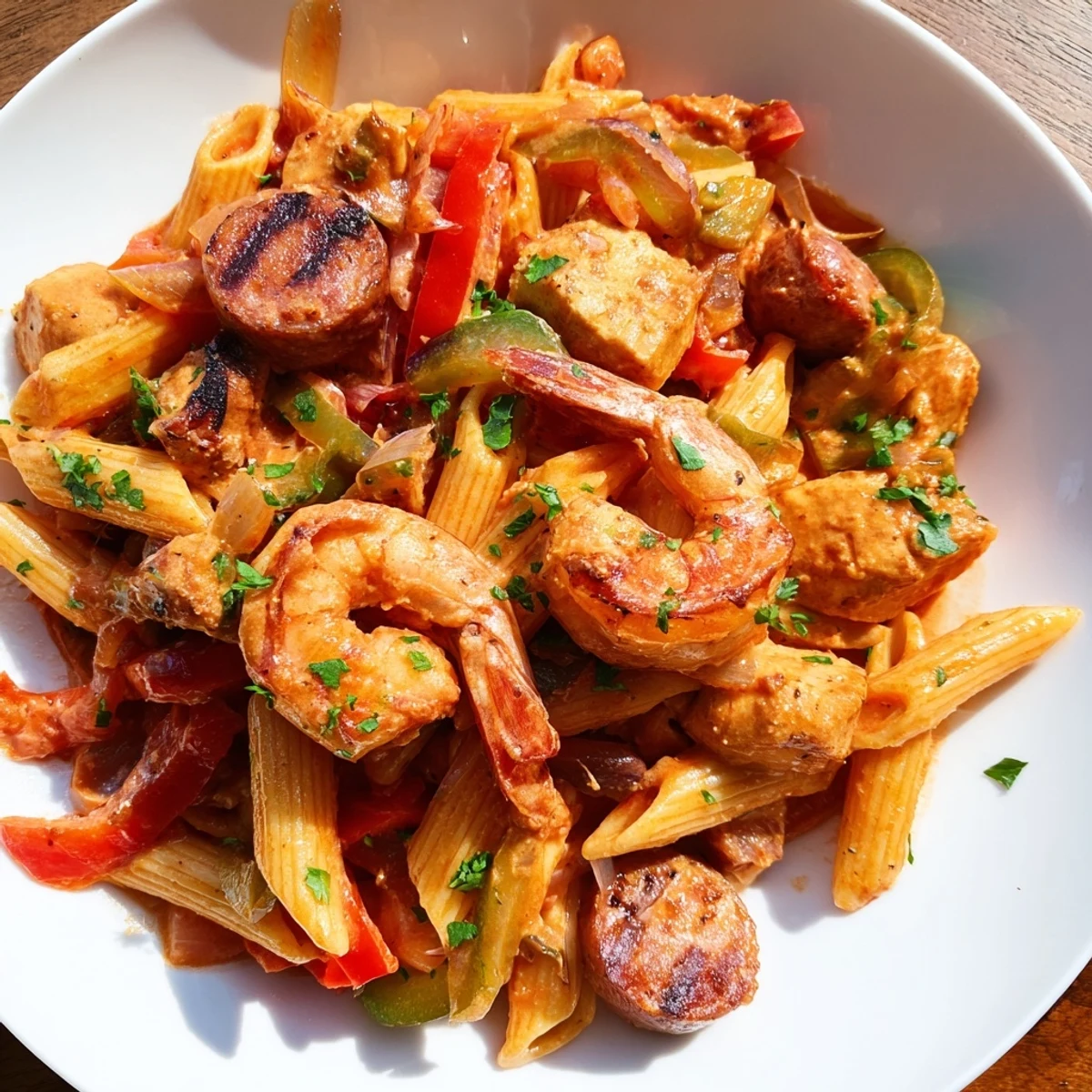 Savory Spicy Jambalaya Pasta features tender chicken, succulent shrimp, and colorful bell peppers in a creamy Creole sauce.