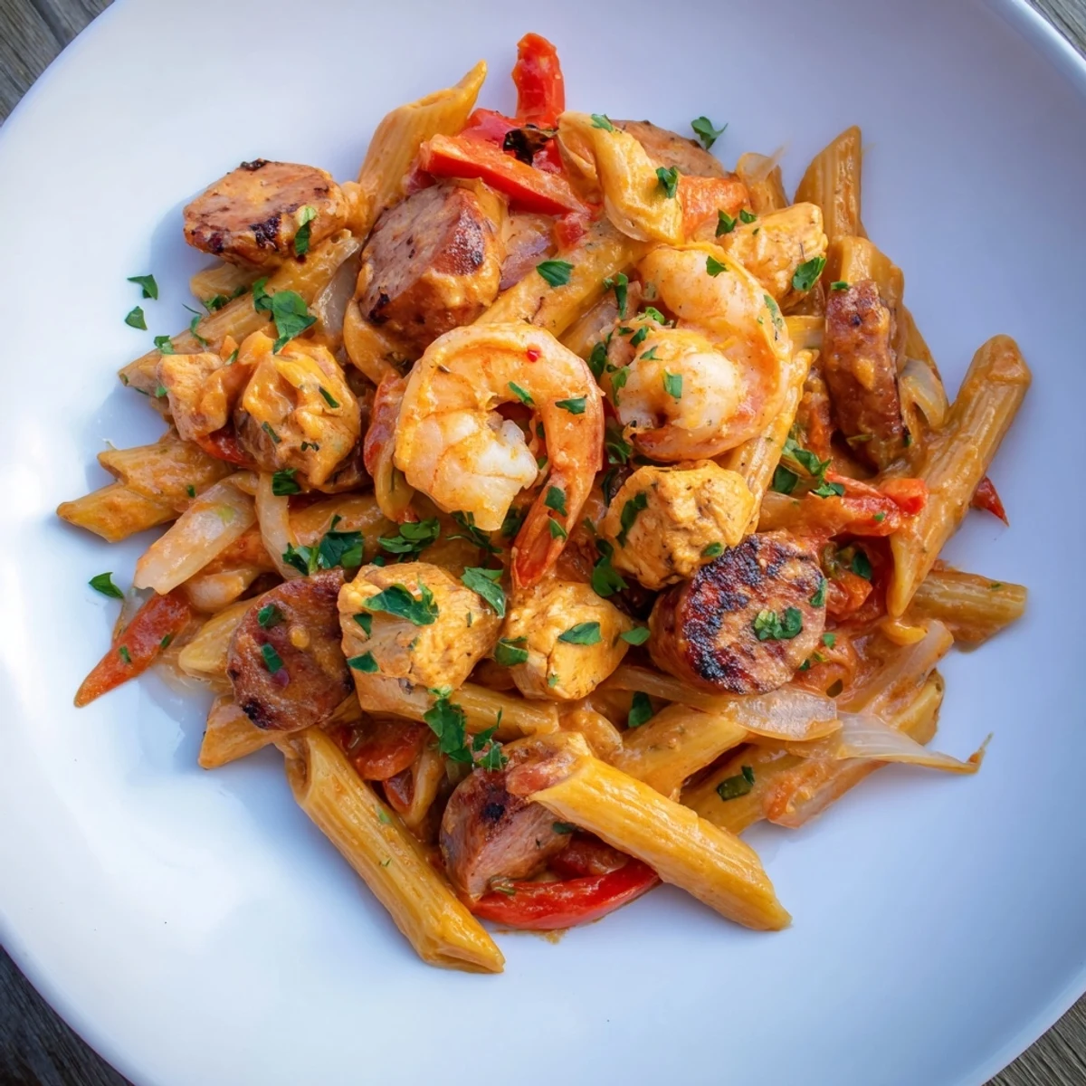 Hearty Spicy Jambalaya Pasta tossed with smoked sausage and penne, garnished with fresh parsley and lemon wedges for serving.
