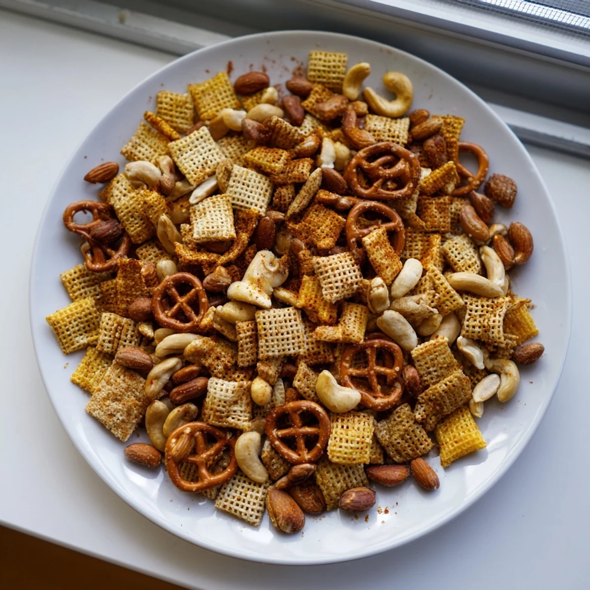 A close-up of golden Super Bowl Snack Mix with Nuts and Pretzels in a serving bowl, seasoned and ready for game day.