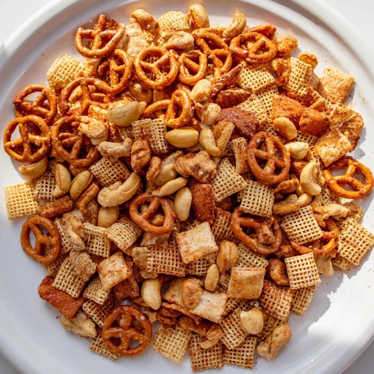 Golden Super Bowl Snack Mix with Nuts and Pretzels is spread on a tray, showcasing roasted nuts, pretzels, and crackers.