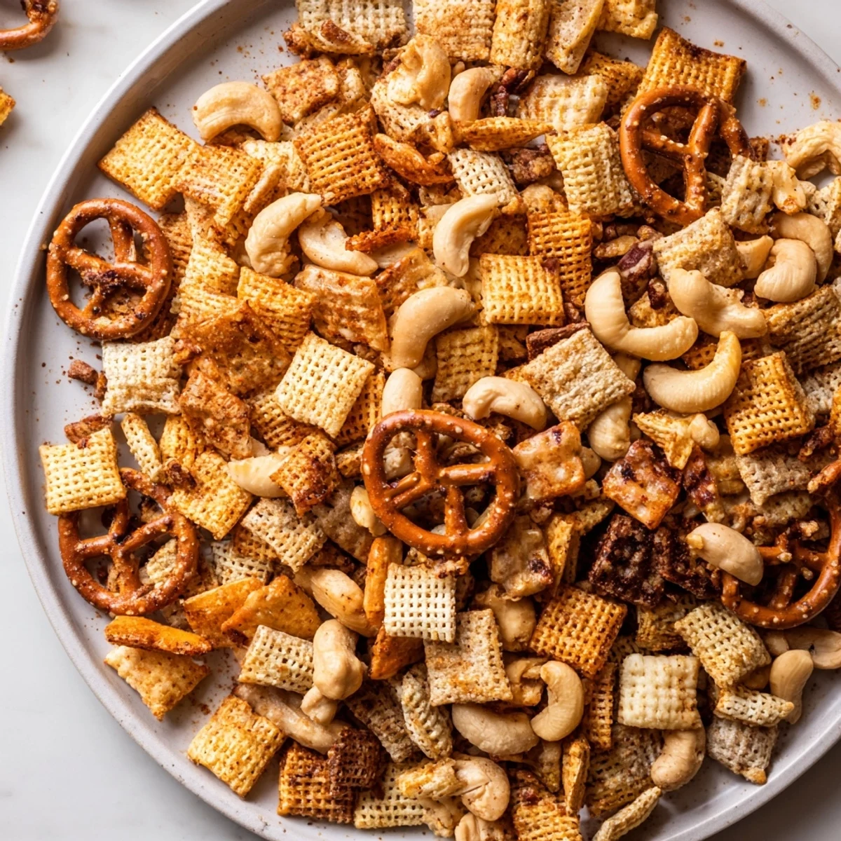 Bowl of Super Bowl Snack Mix with Nuts and Pretzels, featuring pretzels, nuts, and colorful crackers for a party spread.