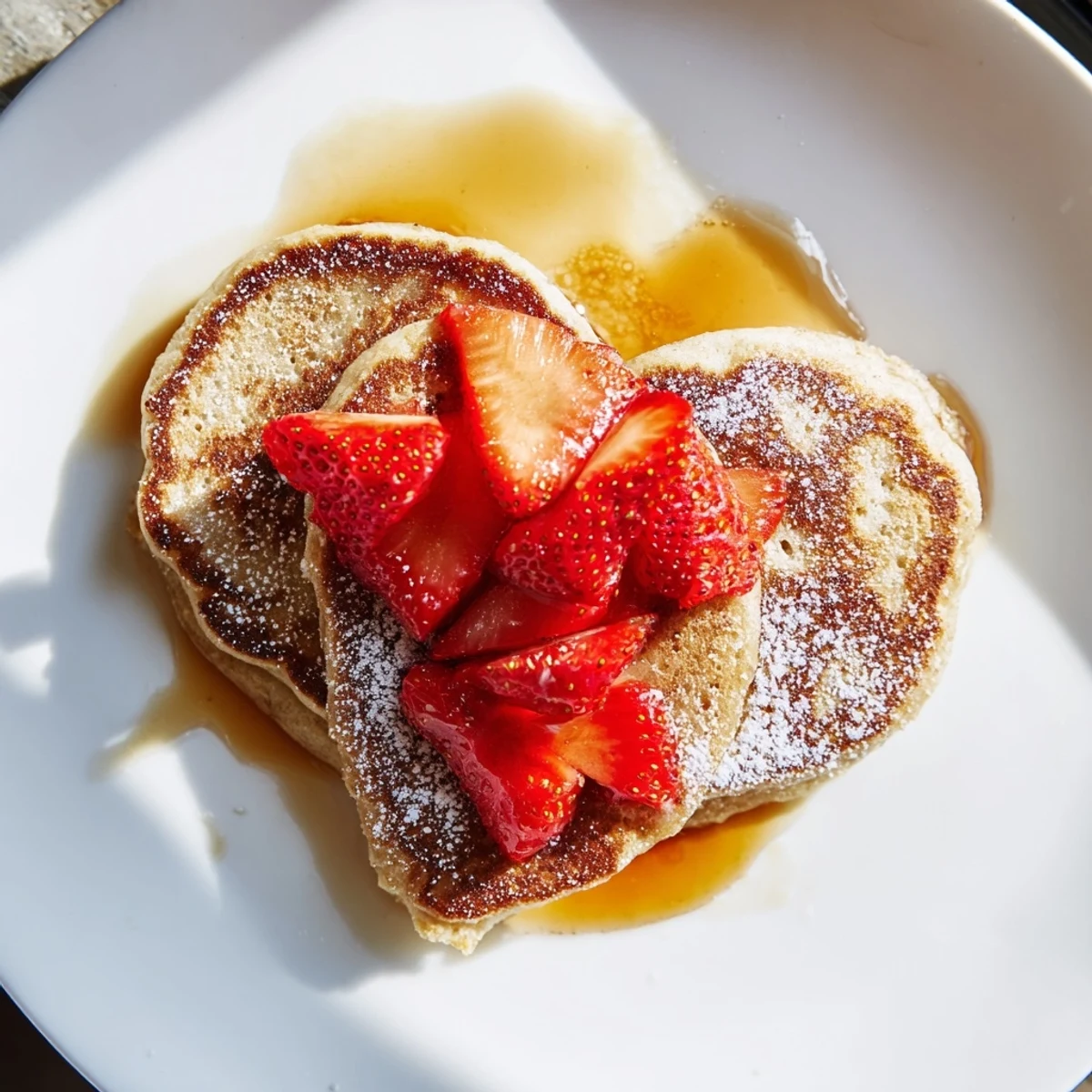 Fluffy heart-shaped Valentine Breakfast Pancakes stacked high, topped with fresh sliced strawberries and a dusting of powdered sugar.  