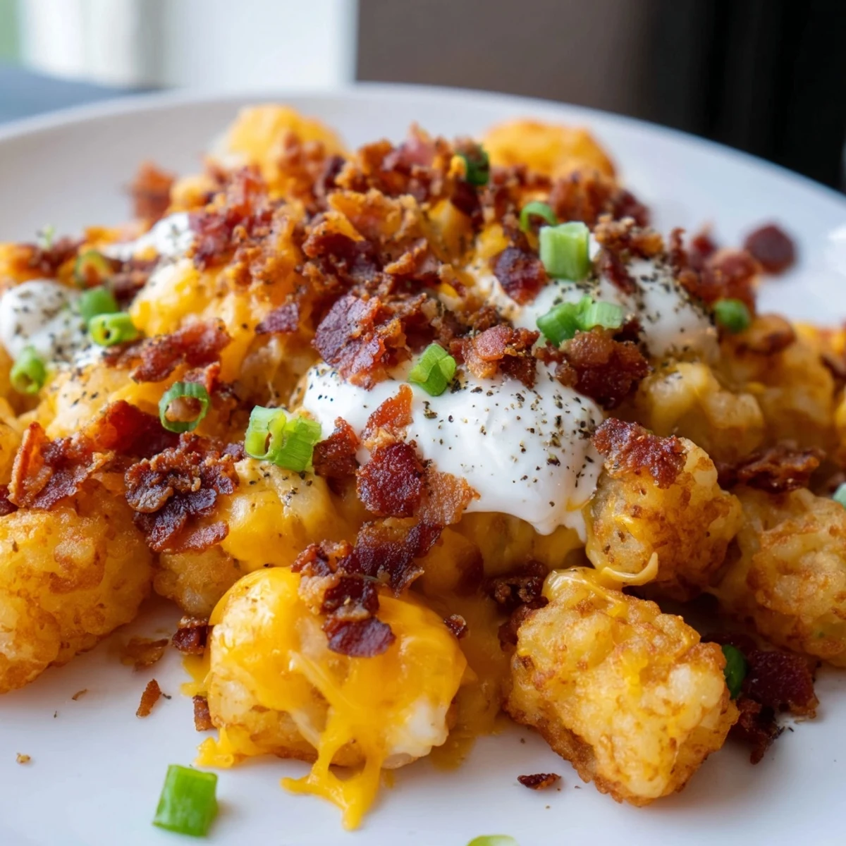 Crispy Loaded Tater Tots with Cheese and Beef Bacon Bits, topped with sour cream and green onions on a platter.