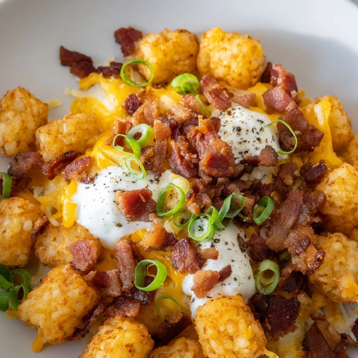 Golden, cheesy Loaded Tater Tots with Beef Bacon Bits garnished with fresh parsley and scallions for a tasty appetizer.