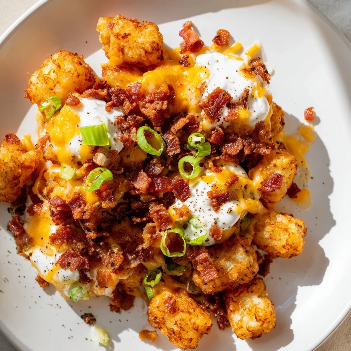 Freshly baked Loaded Tater Tots with Cheese and Beef Bacon Bits served hot with dipping sauces on the side.
