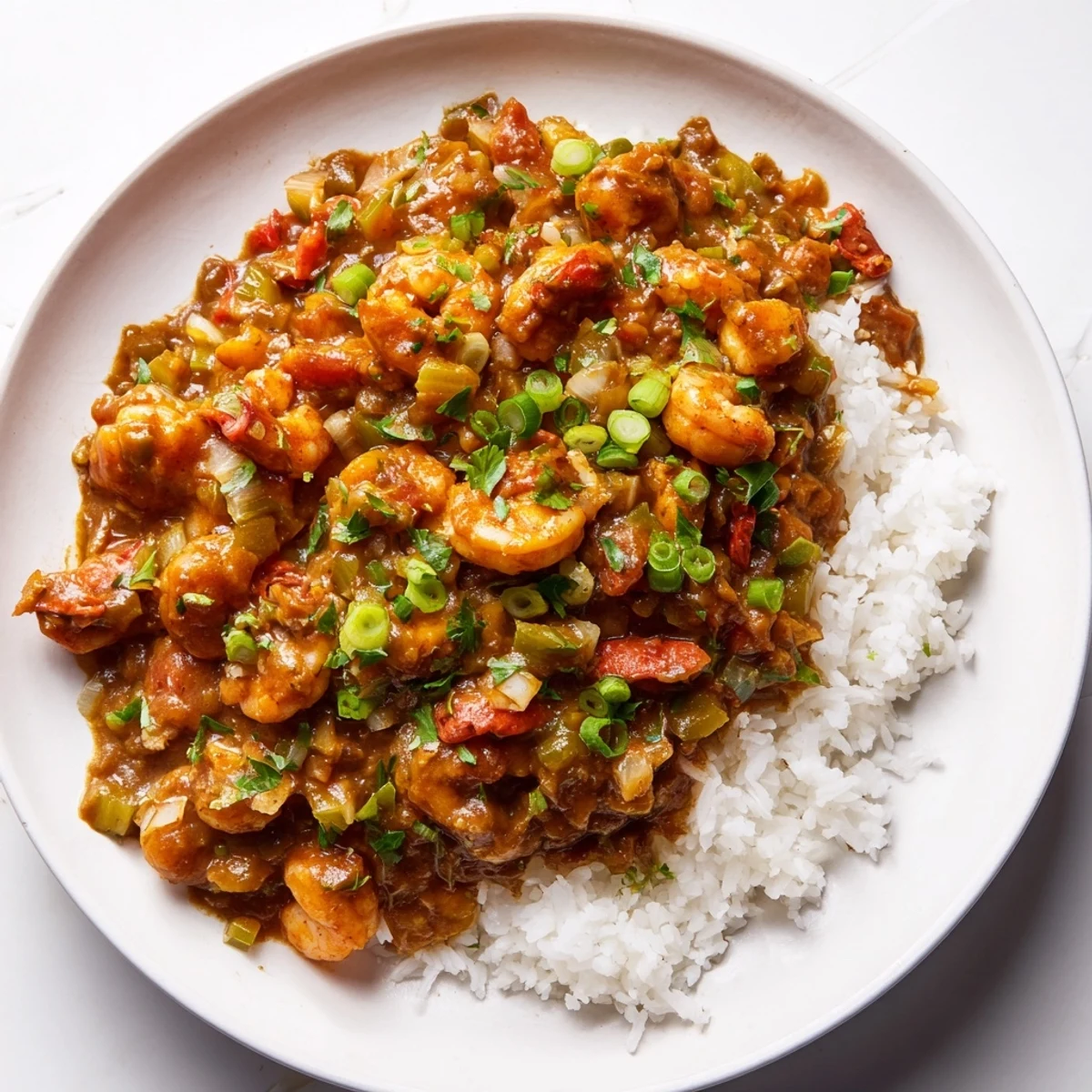 Fork-tender crawfish tails simmer in a rich, dark roux sauce, generously spooned over fluffy white rice in a serving bowl.