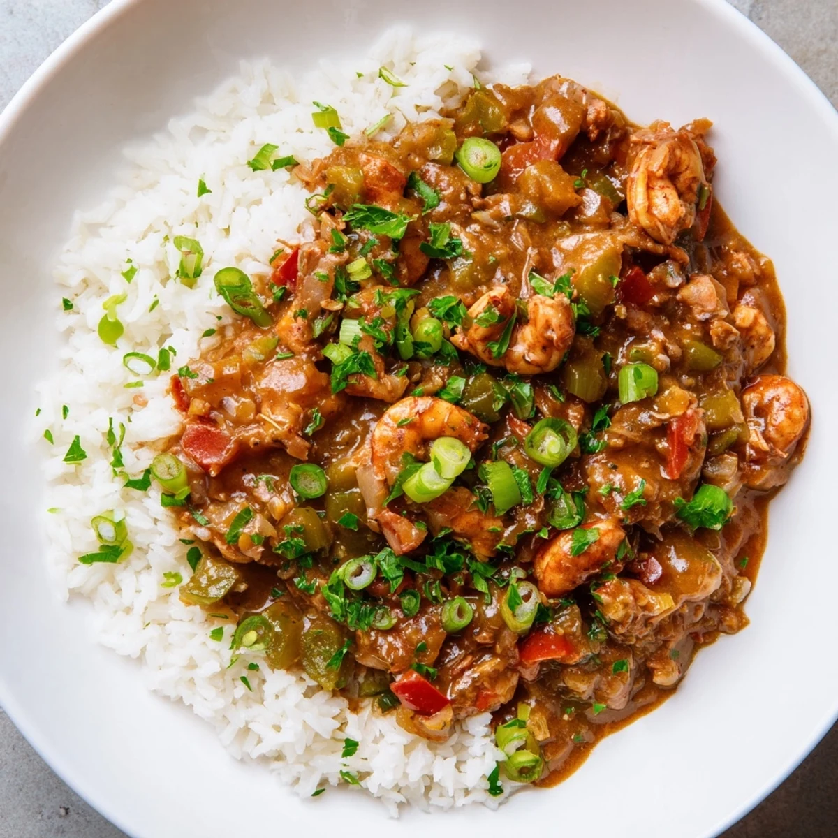 A classic bowl of spicy crawfish étouffée served over steaming white rice, garnished with fresh parsley and sliced green onions.