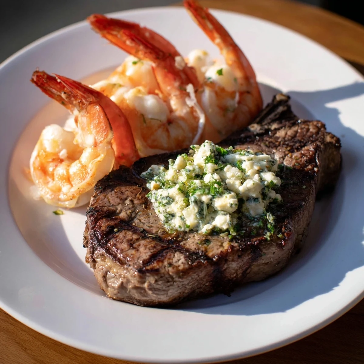 Sizzling ribeye steak and pink, buttery shrimp topped with fresh parsley and lemon wedges.  