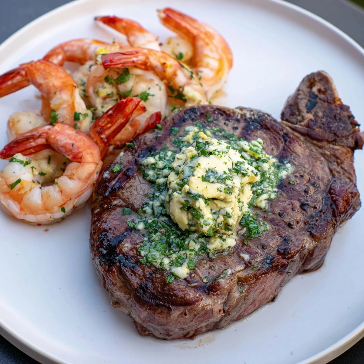 Buttery garlic herb sauce melting over grilled steak and shrimp for a luxurious surf and turf meal.  