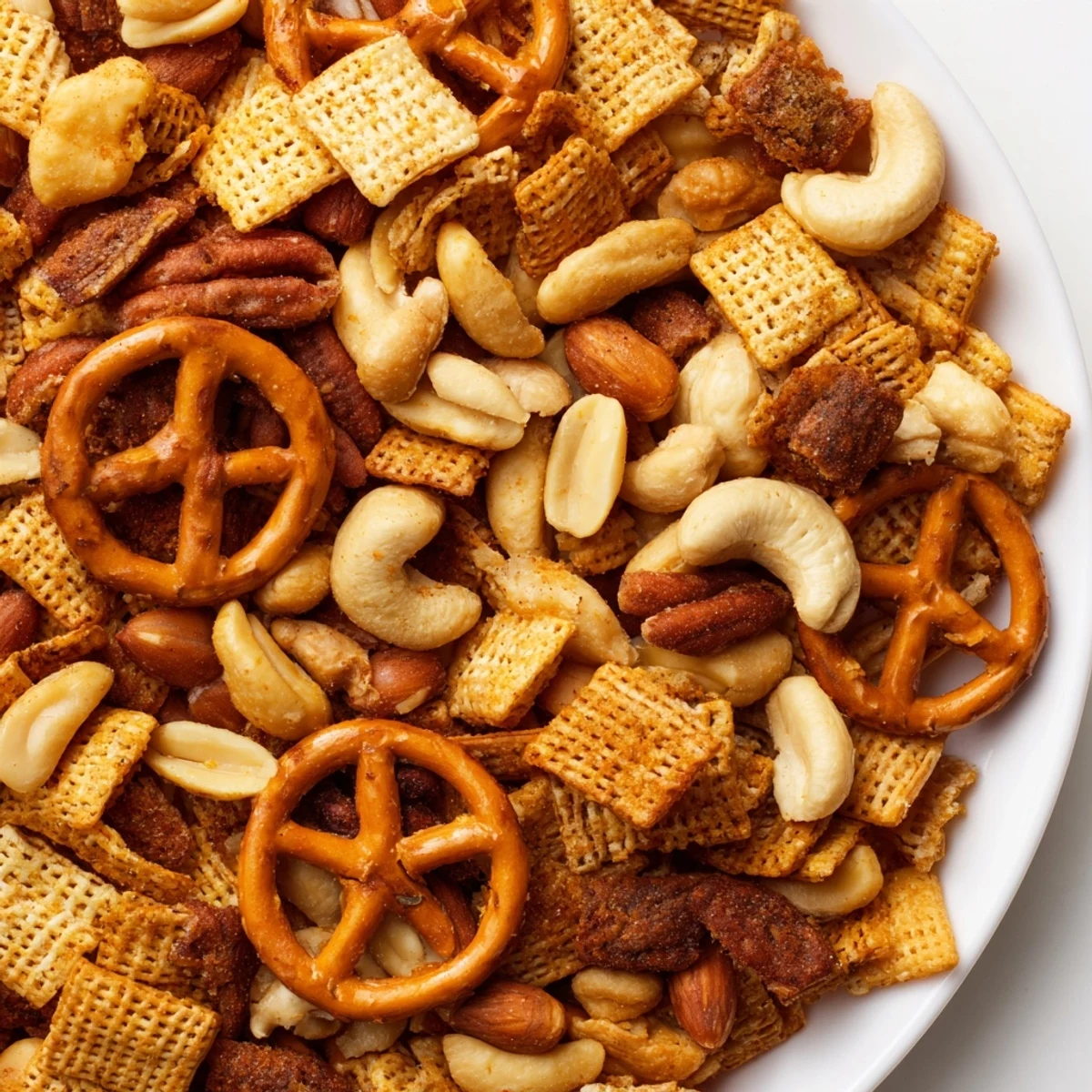 A close-up view of Super Bowl Snack Mix with Nuts and Pretzels, featuring golden toasted nuts, crunchy pretzels, and colorful cereal squares on a parchment-lined baking sheet.