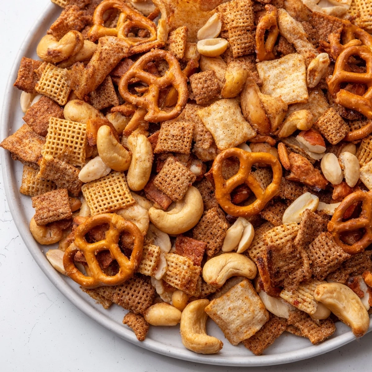 Freshly baked Super Bowl Snack Mix with Nuts and Pretzels, seasoned with savory spices and served in a rustic bowl for easy sharing.