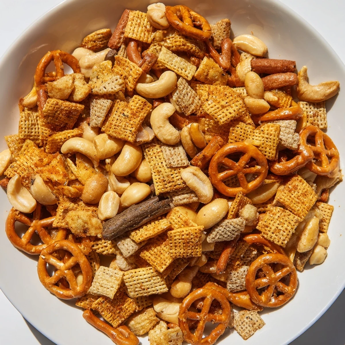Super Bowl Snack Mix with Nuts and Pretzels, a crunchy and savory party snack, ready to be enjoyed at a festive game day gathering.