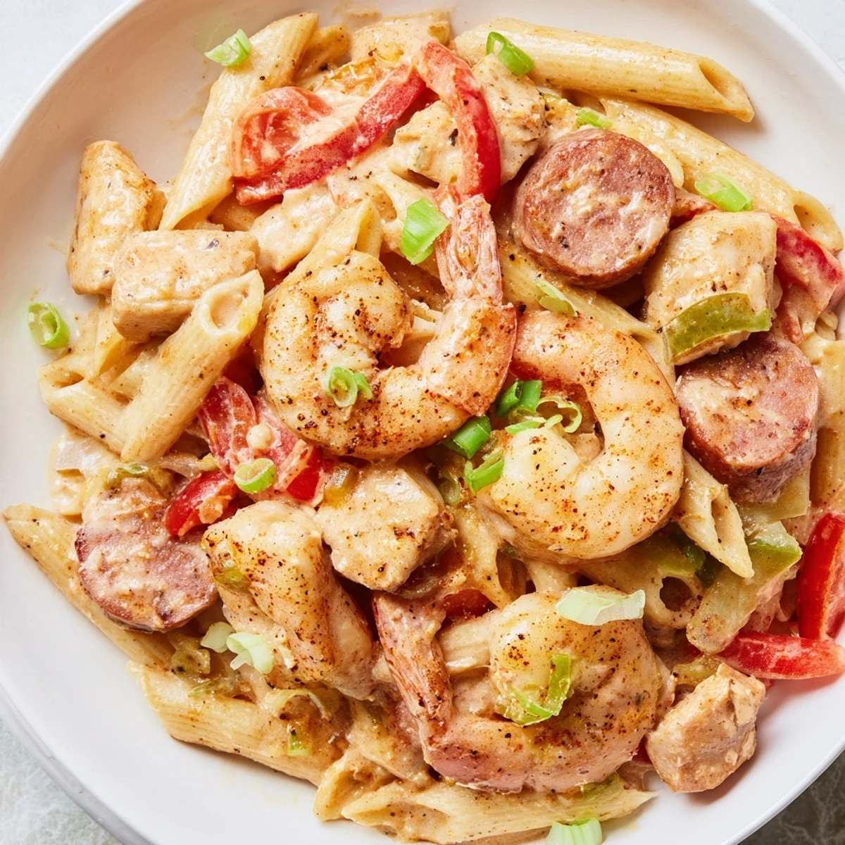 A close-up of Spicy Jambalaya Pasta with Chicken and Shrimp in a creamy orange sauce, garnished with green onions and parsley.