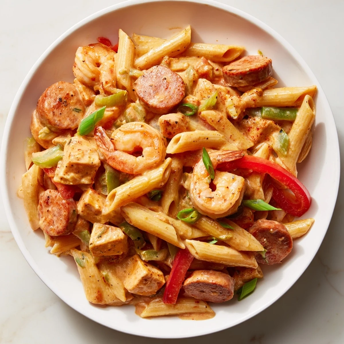 Tender chicken and shrimp on penne pasta in a vibrant Spicy Jambalaya Pasta dish, with red and green bell peppers and a rich, spicy sauce.