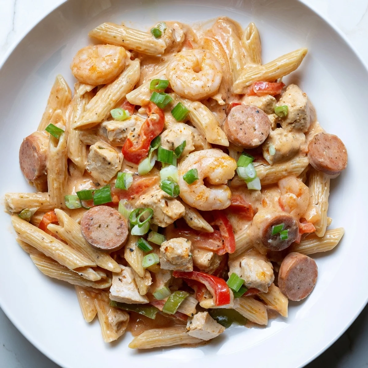 A serving of Spicy Jambalaya Pasta with Chicken and Shrimp, topped with grated Parmesan, on a rustic table next to a glass of white wine.