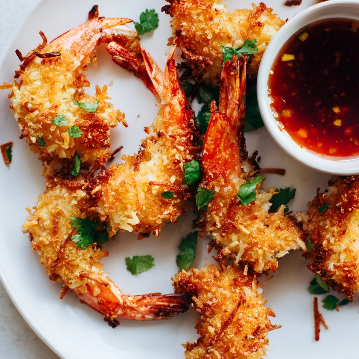 Crispy Coconut Shrimp with Sweet Chili Sauce are golden and crunchy, served hot from the fryer with a vibrant dipping sauce.