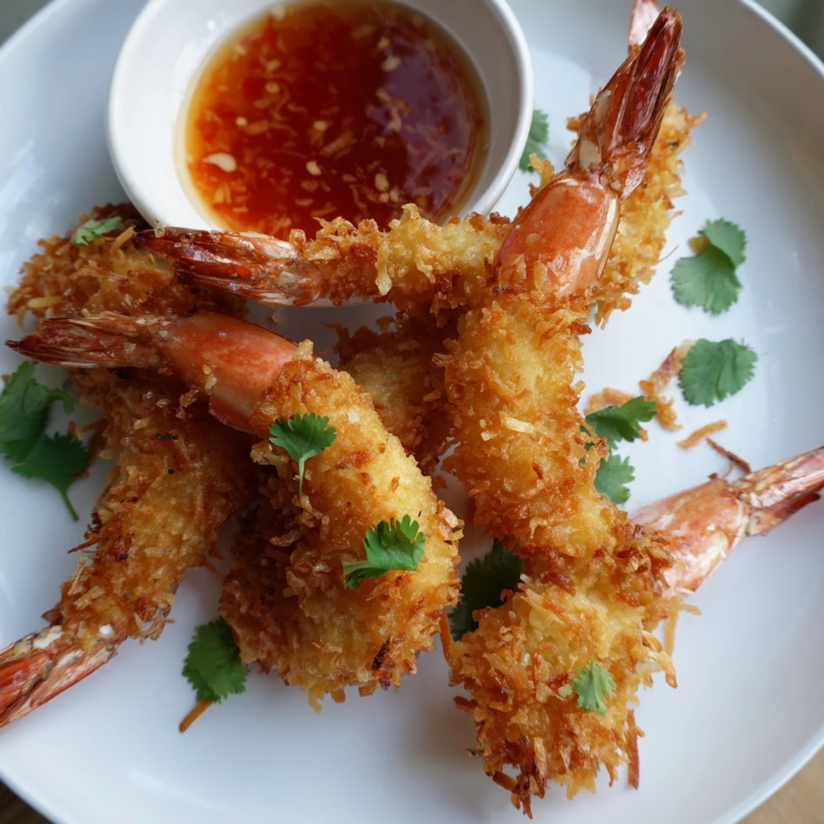These Crispy Coconut Shrimp with Sweet Chili Sauce feature a golden coconut crust, served alongside a tangy sauce for dipping.