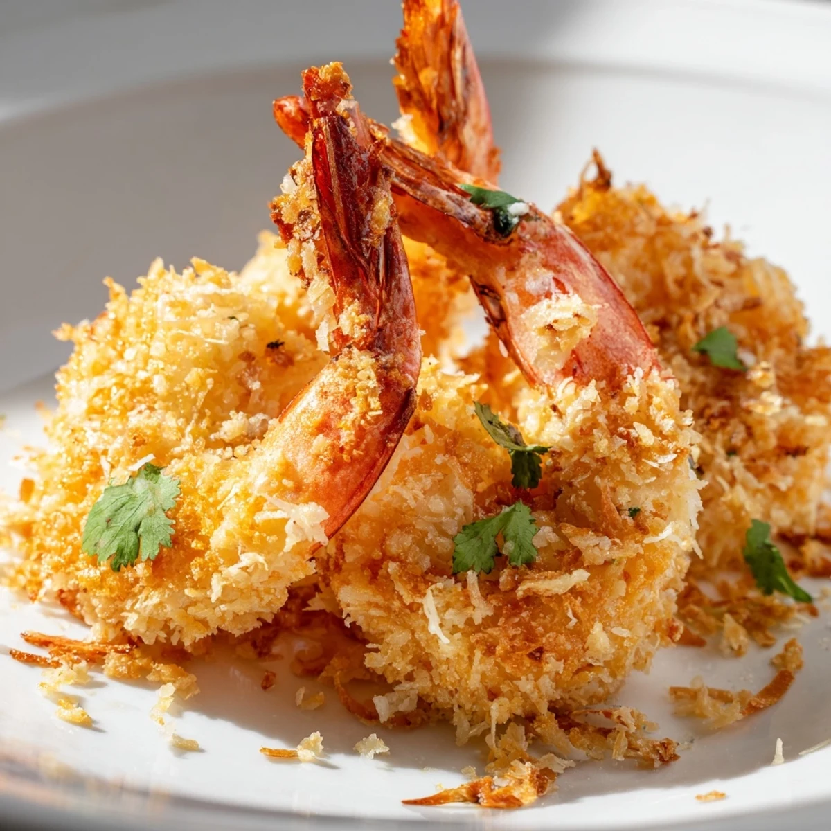 Freshly fried Crispy Coconut Shrimp with Sweet Chili Sauce are piled high on a platter, garnished with lime and cilantro.