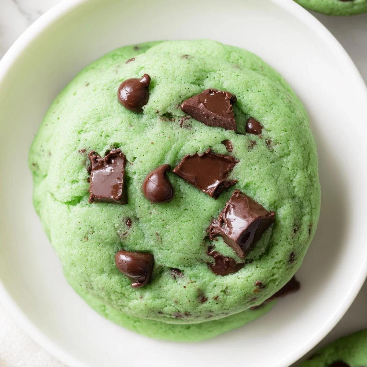 Freshly baked Mint Chocolate Chip Cookies with green dough, loaded with chocolate chips, served warm on a cooling rack. 