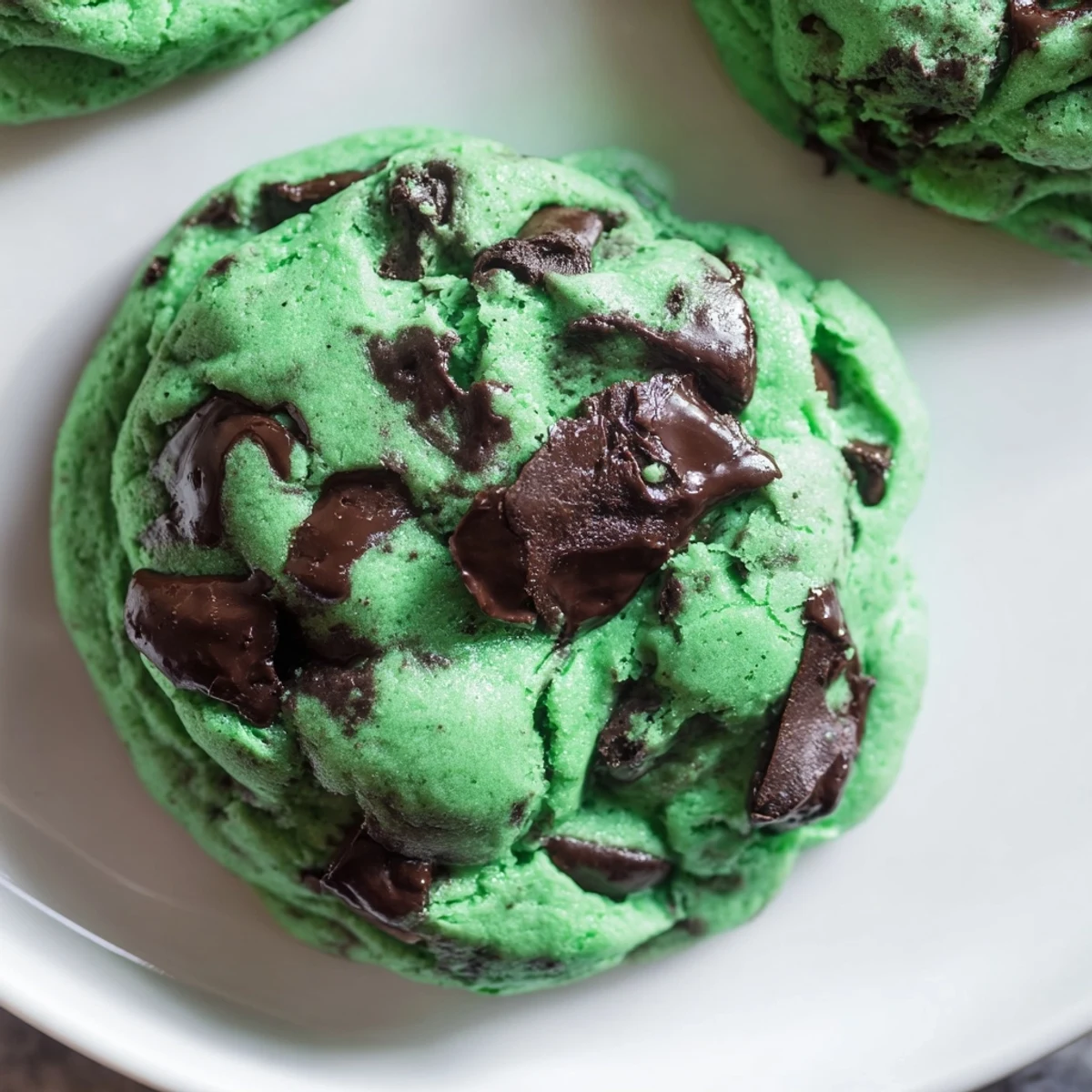 Stack of soft and chewy Mint Chocolate Chip Cookies, vibrant green dough visible with gooey chocolate pieces. 