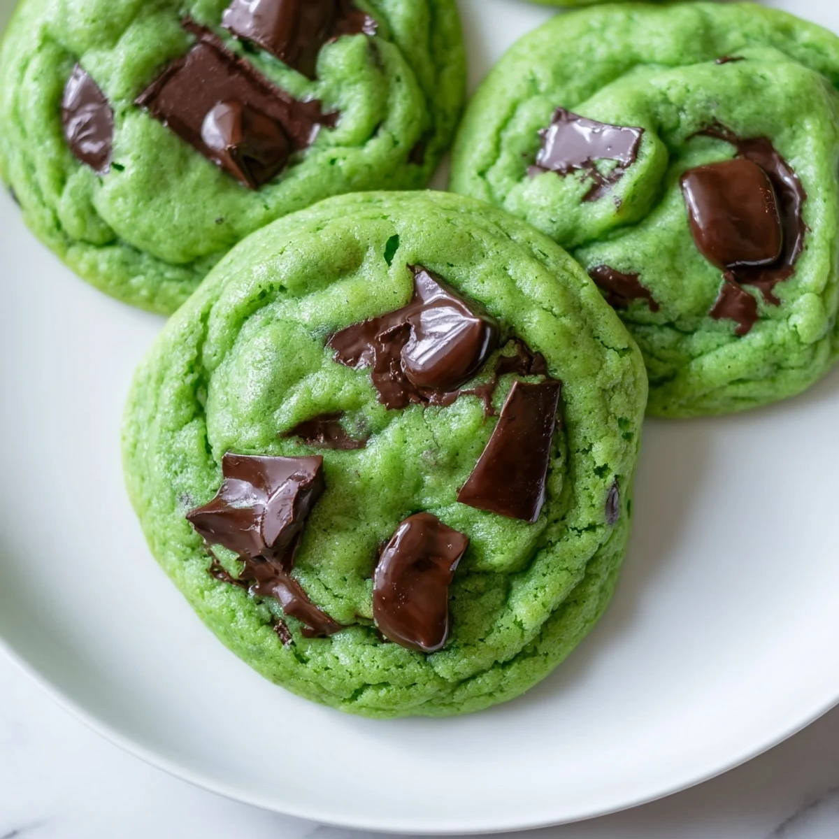 Mint Chocolate Chip Cookies cooling on a wire rack, green dough and chocolate chips visible, perfect with milk.