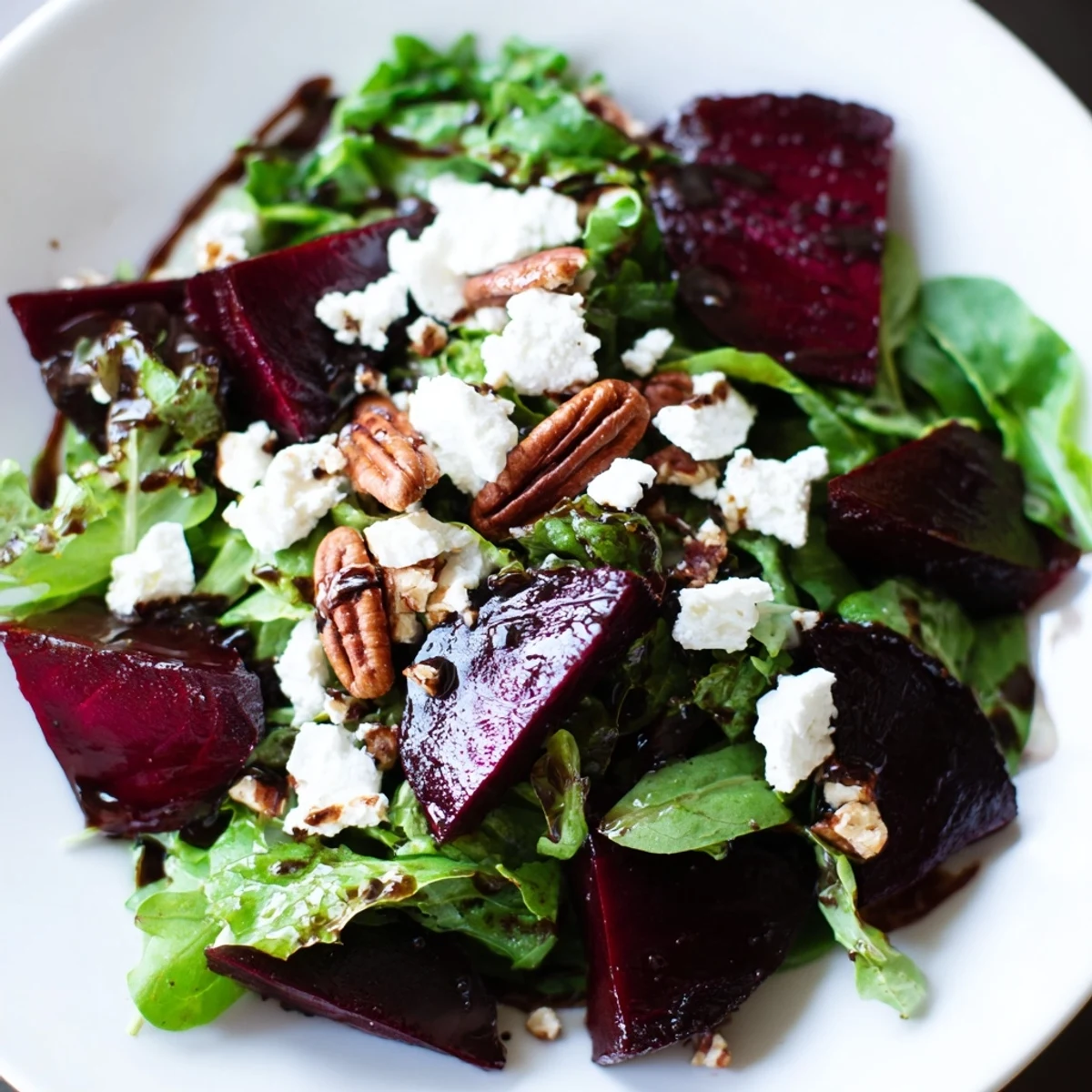 Freshly roasted beet wedges with creamy goat cheese crumbles on mixed greens, topped with toasted pecans and drizzled with tangy balsamic vinaigrette.