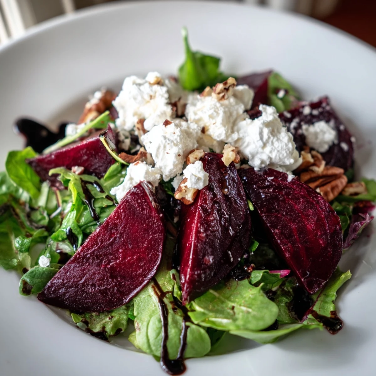 Sliced ruby-red roasted beets, white goat cheese crumbles, and crunchy pecans over arugula, ready to serve with honey balsamic dressing.
