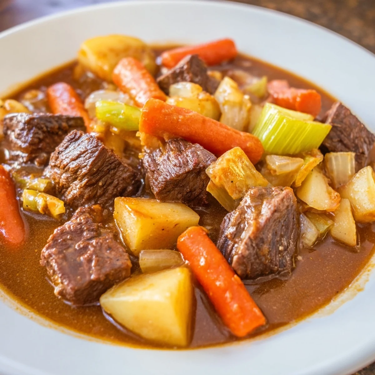 Steam rises from a ladle of Savory Beef Stew with Root Vegetables, featuring tender beef chunks and colorful carrots and potatoes in a rich, dark gravy.