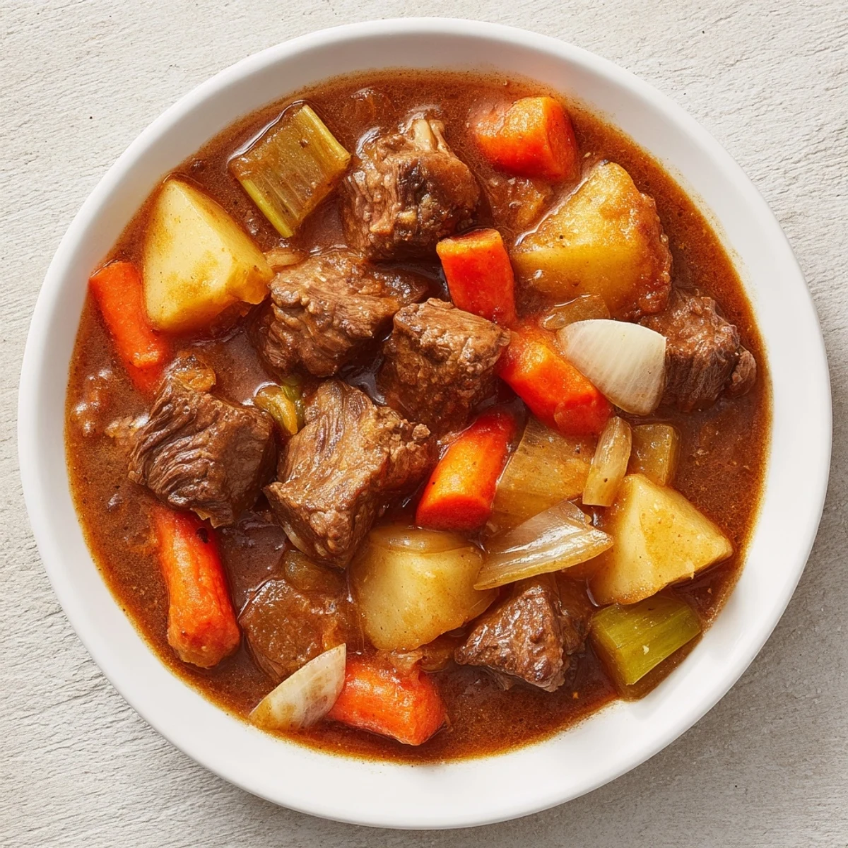 A close-up of Savory Beef Stew with Root Vegetables simmering in a pot, showcasing earthy parsnips, turnips, and herbs in a thick, savory broth.