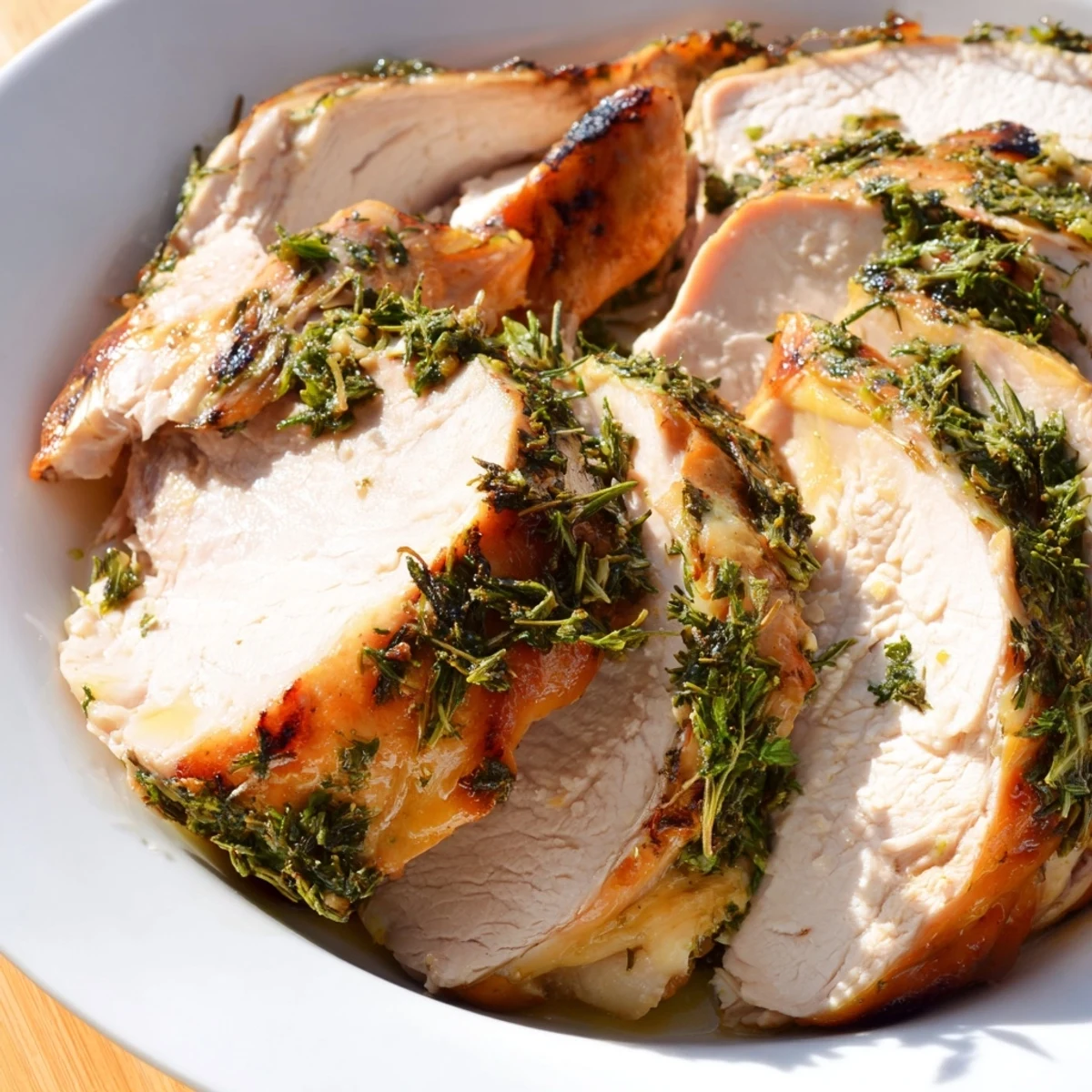 Golden-brown Savory Herb Roasted Turkey Breast with crisp skin, glistening with pan juices and fresh thyme sprigs.