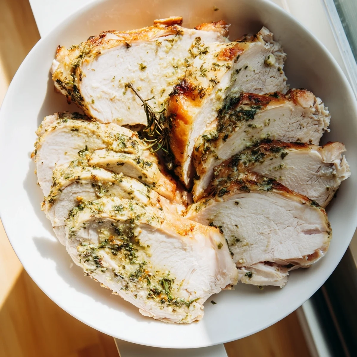 Savory Herb Roasted Turkey Breast sliced on a platter, served with roasted onions and a hint of lemon.