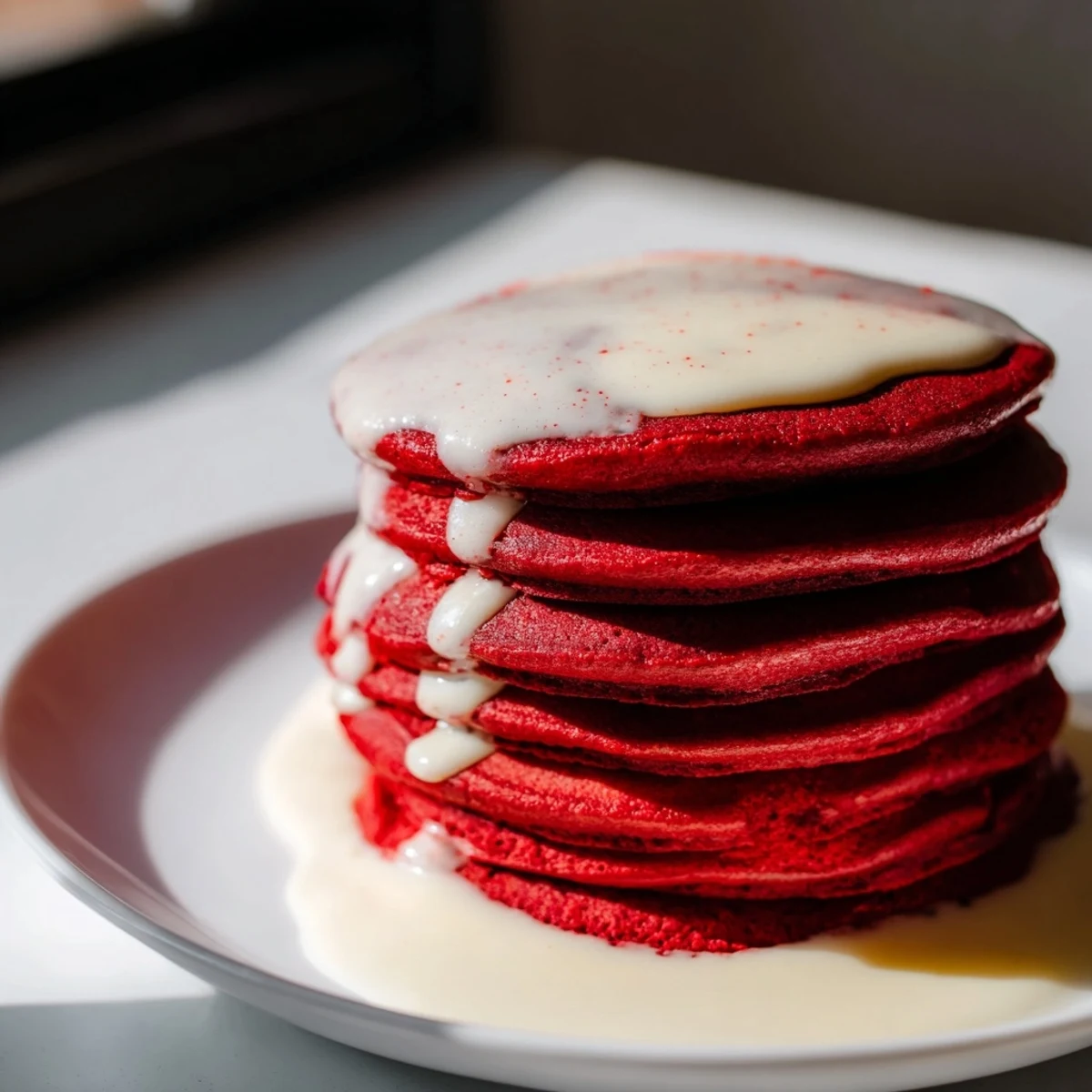 Fluffy Red Velvet Pancakes with Cream Cheese Glaze stacked high, drizzled generously, perfect for a cozy breakfast or brunch.