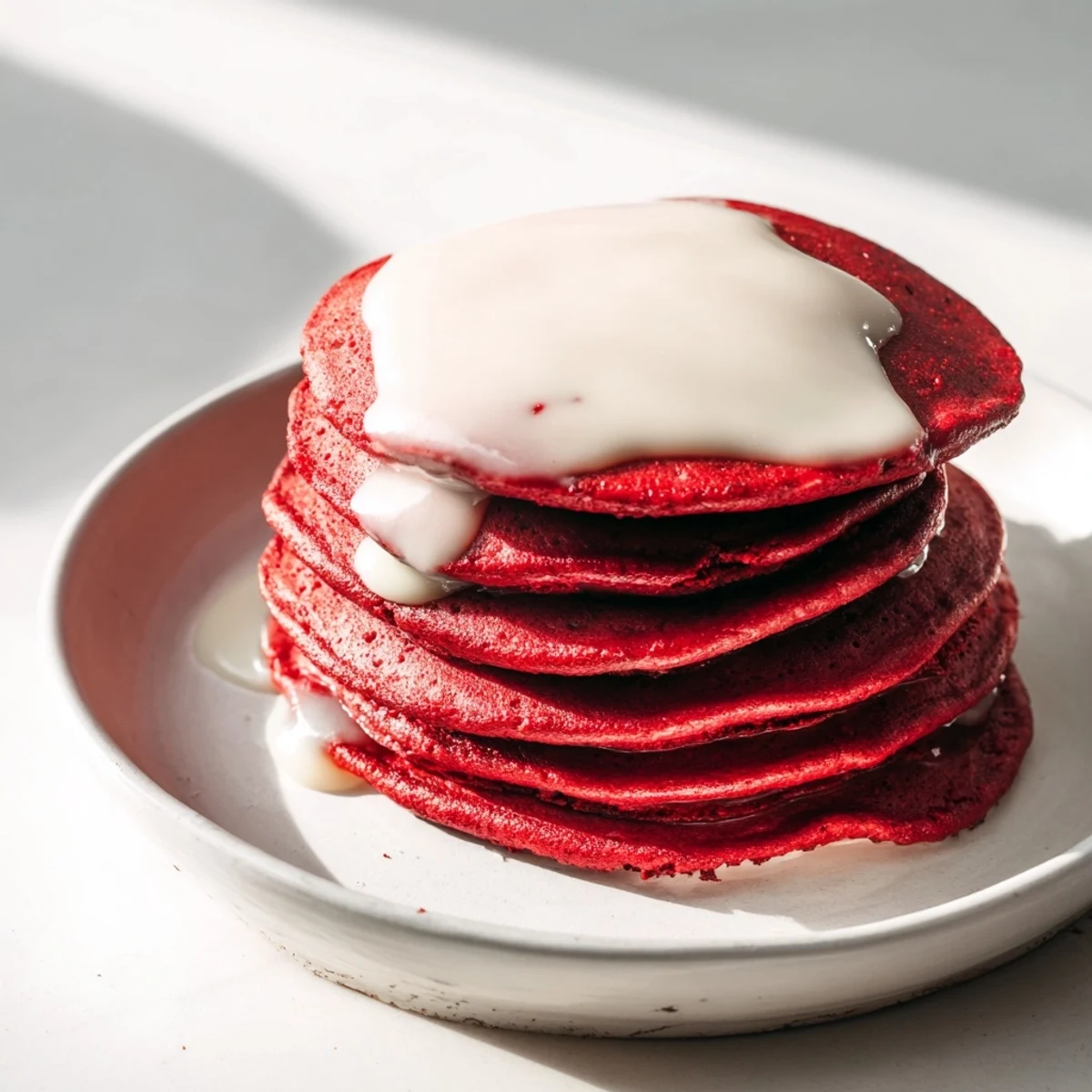Bright red velvet pancakes topped with tangy cream cheese glaze, served warm alongside fresh berries on a white plate.