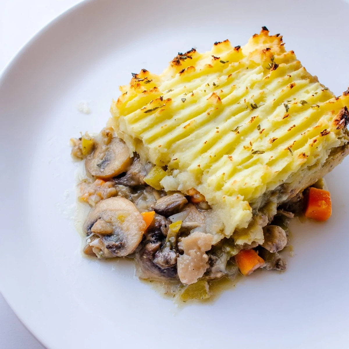 A close-up of Creamy Mushroom and Leek Shepherds Pie with golden, fork-marked mashed potatoes and bubbling edges.  