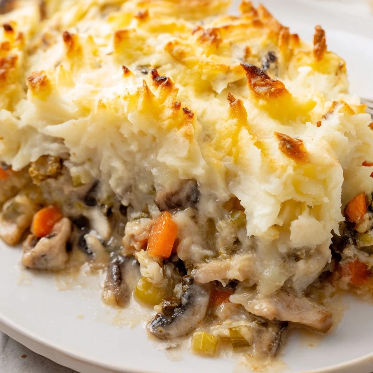 Creamy Mushroom and Leek Shepherds Pie served in a rustic dish beside a crisp green salad and steamed green beans.  