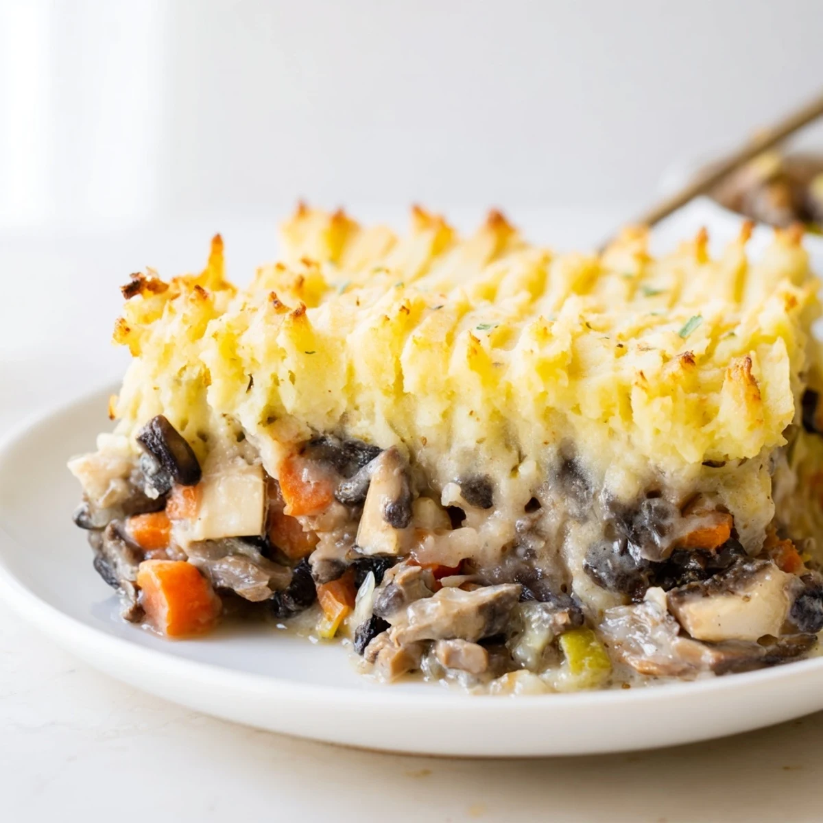 A slice of Creamy Mushroom and Leek Shepherds Pie reveals a rich vegetable filling with mushrooms, leeks, and peas.