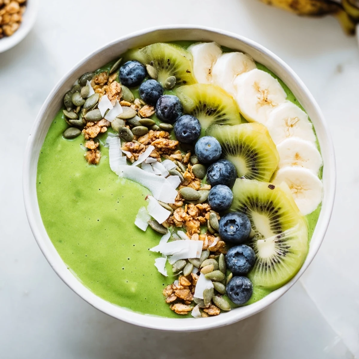 Shamrock Green Smoothie Bowl topped with granola, kiwi slices, and fresh berries on a white bowl.