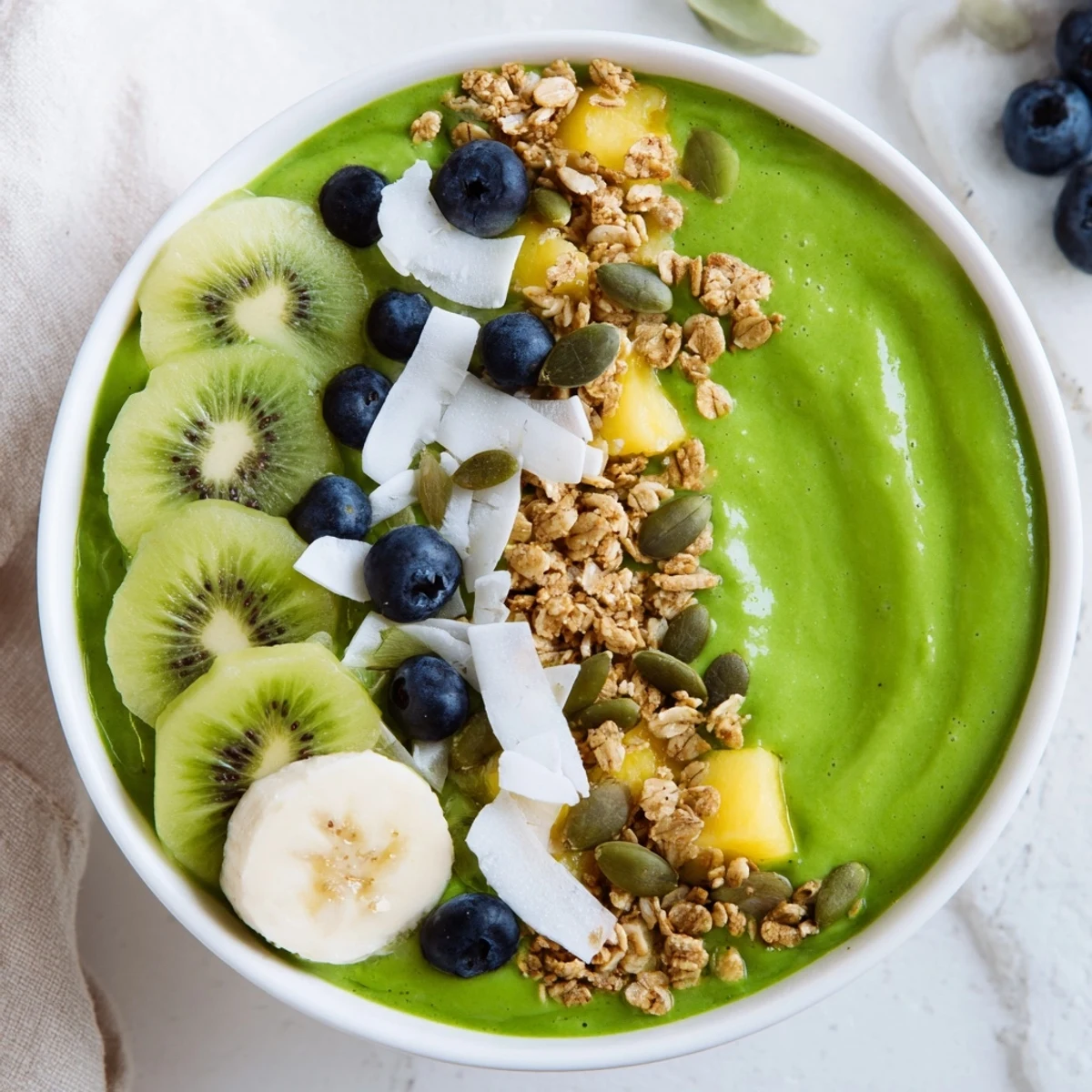 Vibrant green smoothie bowl topped with coconut flakes, pumpkin seeds, and sliced kiwi, ready to be eaten.
