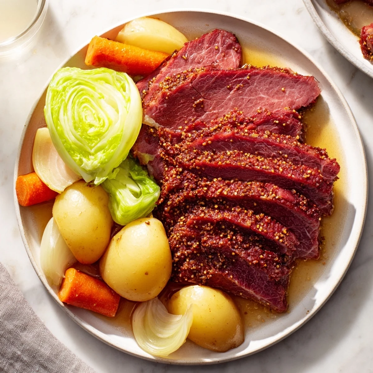 Steaming slices of corned beef brisket rest beside tender cabbage wedges and golden potatoes on a rustic platter, ready to serve.