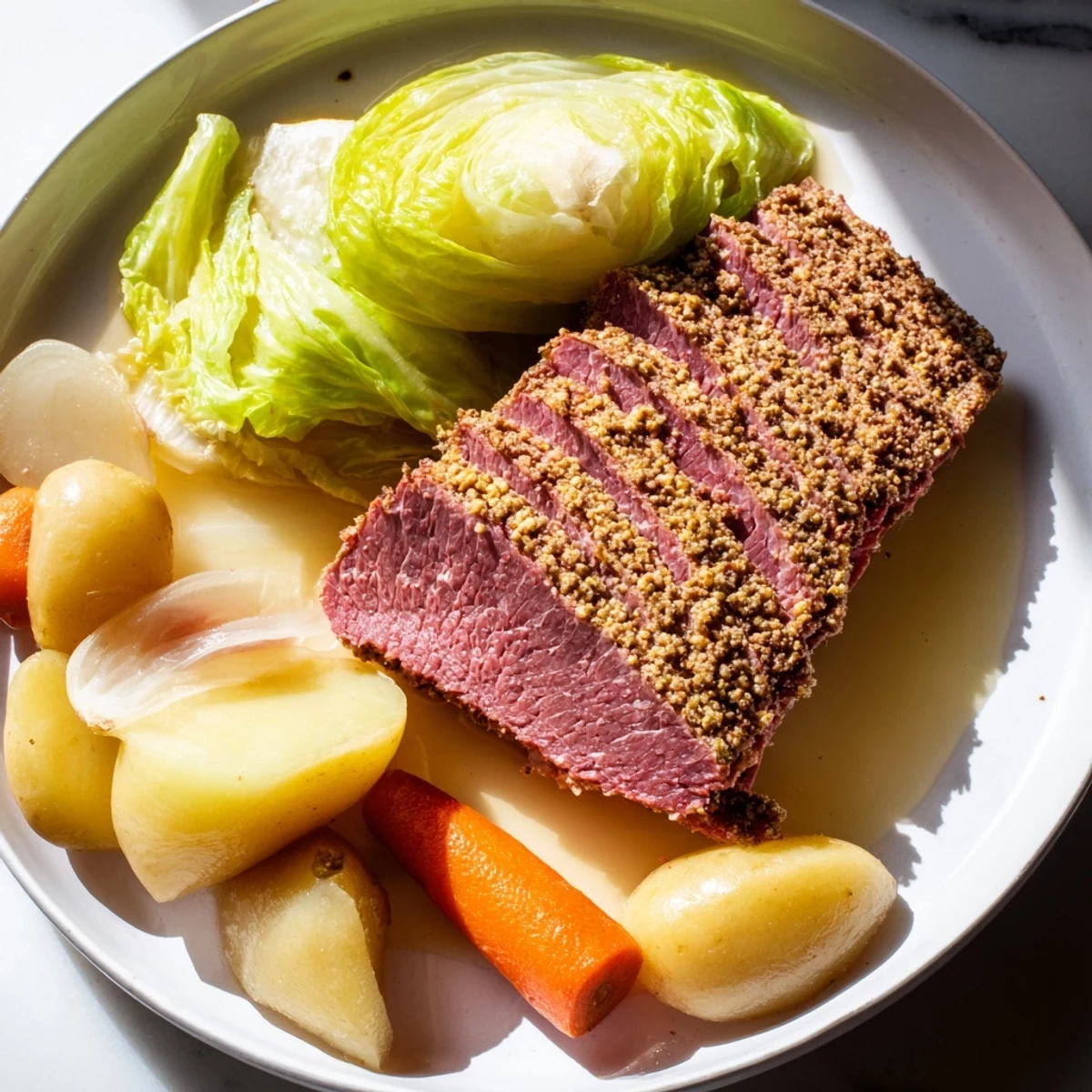 Hearty corned beef brisket with cabbage and potatoes arranged on a wooden board, perfect for a cozy St. Patrick's Day dinner.