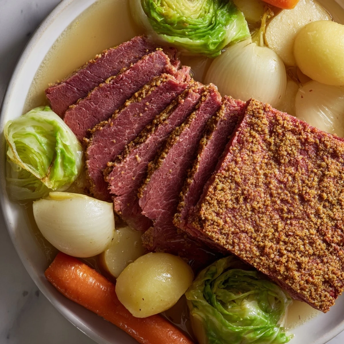 A close-up of corned beef brisket with cabbage and potatoes in a skillet, glistening with savory broth for a comforting meal.