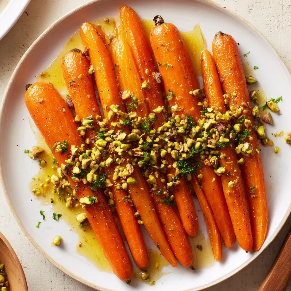 Roasted Carrots with Honey and Pistachios glisten on a white platter, garnished with fresh parsley and chopped nuts.